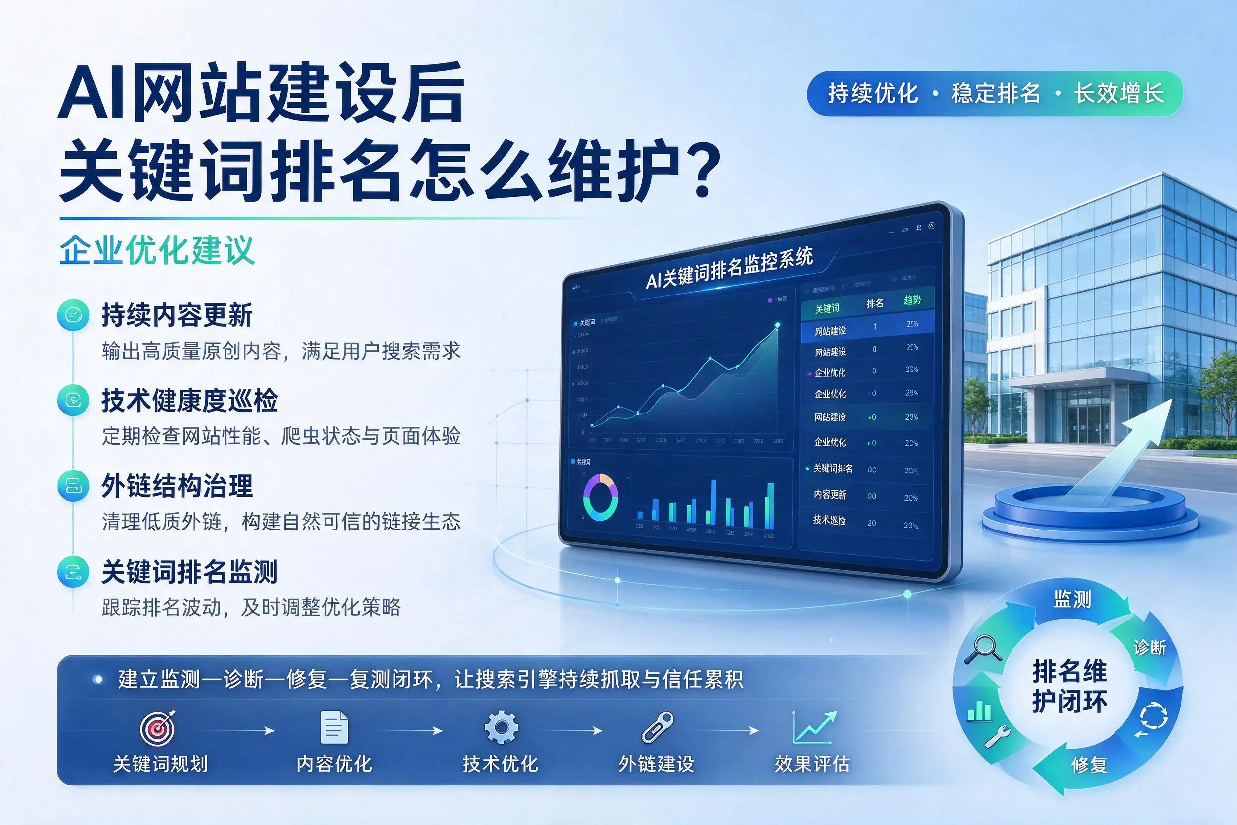 AI网站建设后关键词排名怎么维护?榆林企业优化建议